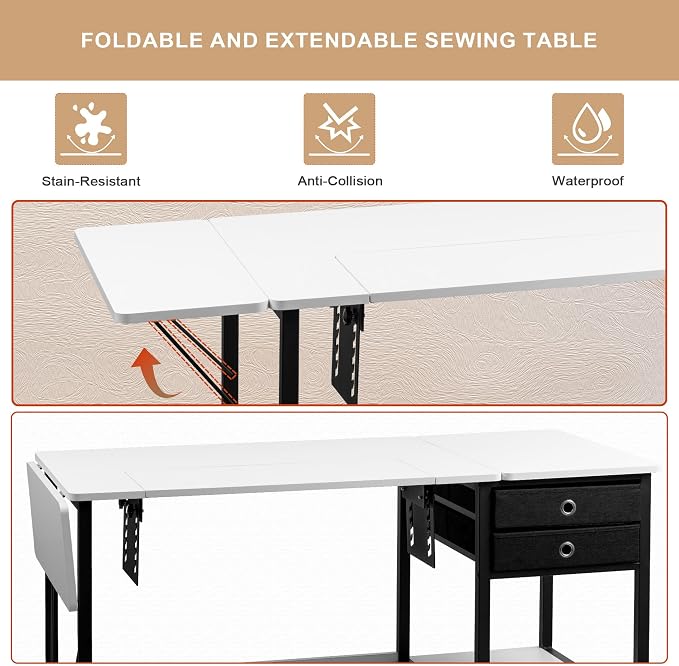 Vividwood Foldable Sewing Machine Table, Storage Shelf and 2 Cloth Drawers - Image 4