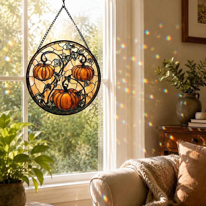 Orange Pumpkin Acrylic Suncatcher Faux Stained Glass Window Hanging 11.8" | - Image 5