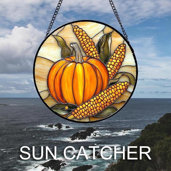 DASTOLL Stained Glass Window Hanging Autumn Harvest Pumpkin Corn Large 15" - Image 2