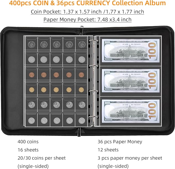 400-Pocket Fireproof Coin Collection Book & 36 Paper Money Organizer Binder | - Image 3