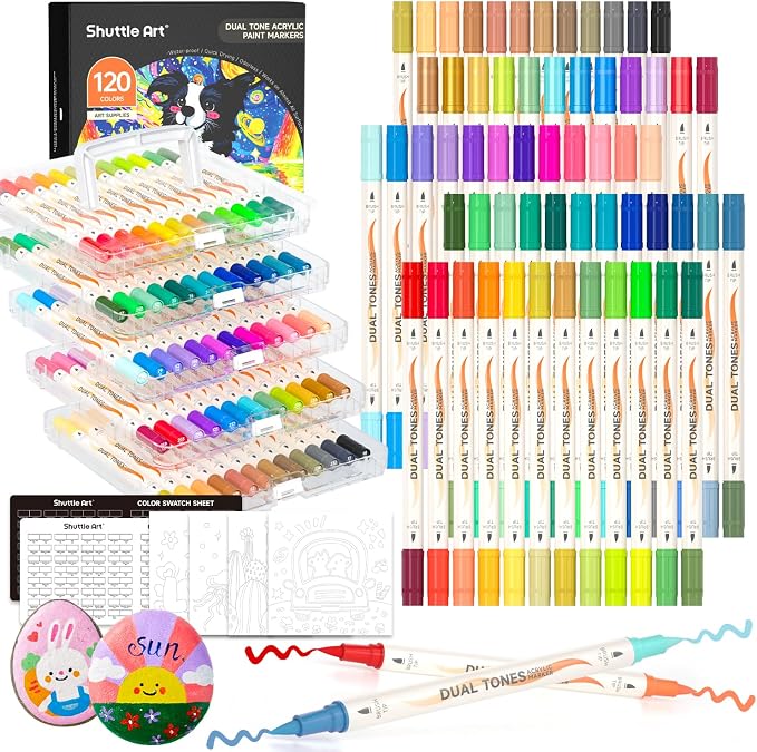 Shuttle Art 120 Colors Dual Tone Acrylic Paint Markers, 60 Pack Acrylic Paint by ShuttleArt