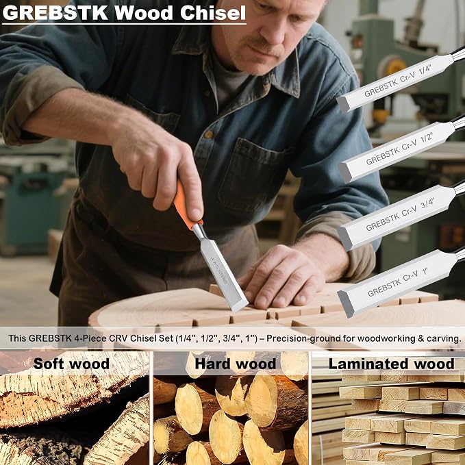 GREBSTK 4-Piece Ultra-Sharp Wood Chisel Set, CR-V Steel Beveled Blades - Image 5