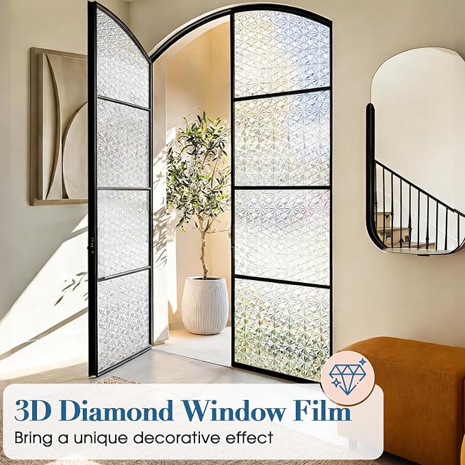 Windimiley Frosted Glass Window Privacy Film, 3D Diamond, 45.2" x 157.4" | - Image 4