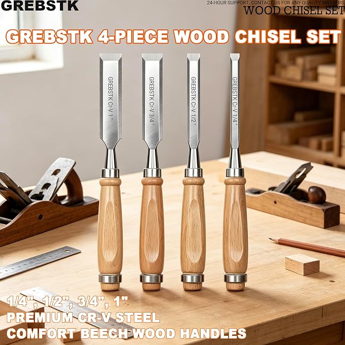 GREBSTK 4-Piece Ultra-Sharp Wood Chisel Set, CR-V Steel Beveled Blades - Image 6