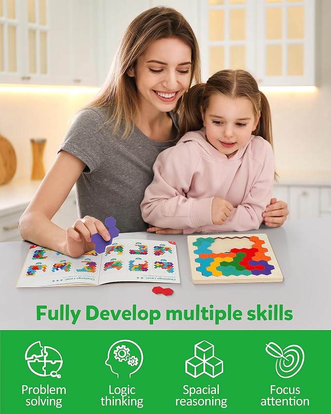 Coogam Wooden Tangram Puzzle, Color Shape Pattern Jigsaw Brain Teasers 3D Logic - Image 5