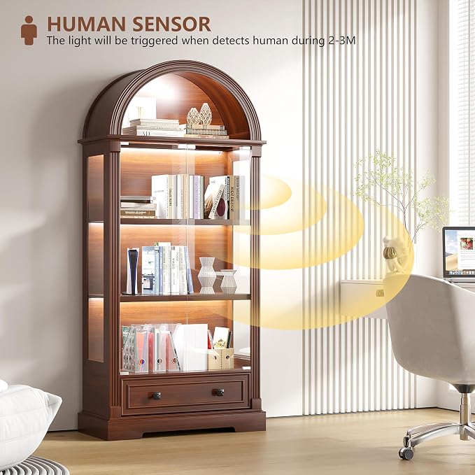 Dystler Curio Cabinet with Glass Doors & LED Lights | 72" Tall, Arched Display - Image 5