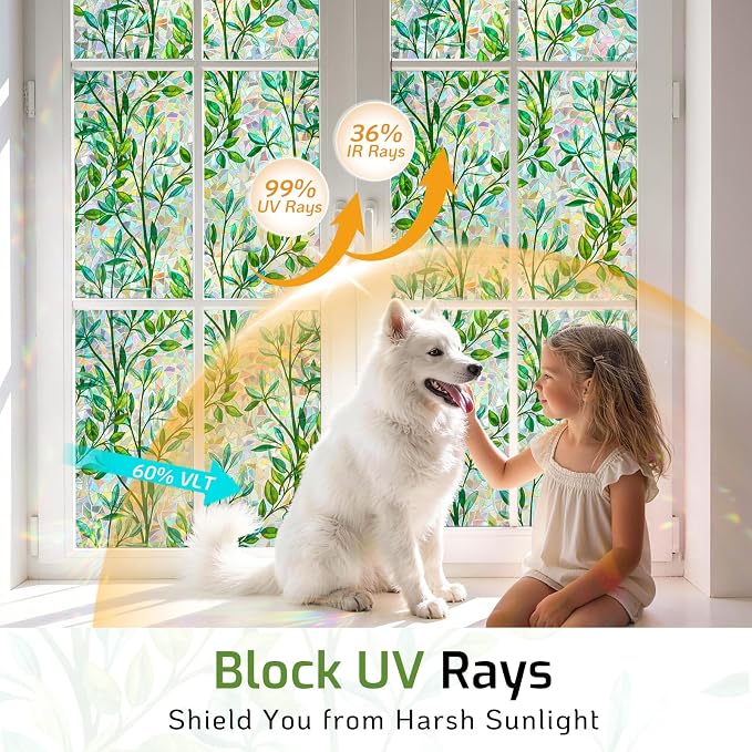 LUTE Stained Glass Window Privacy Film, Leaf Rainbow, 35.4" X 157.4" | No Glue - Image 5
