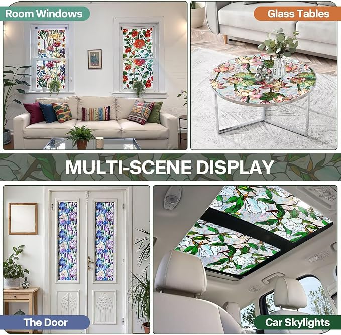 Stained Glass Window Film UV Resistant Window Privacy Film, Colorful Floral - Image 5
