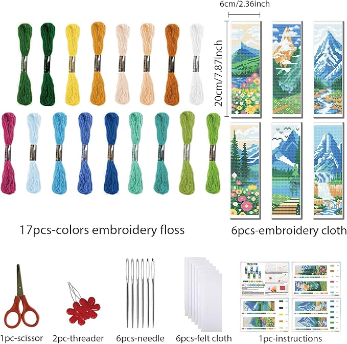 FREEBLOSS 6 Set Cross Stitch Bookmarks Kit Mountains&Rivers Stamped Cross - Image 2