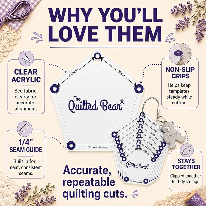 The Quilted Bear Hexagon Quilting Templates – 8 Clear Non-Slip Acrylic Quilt - Image 5