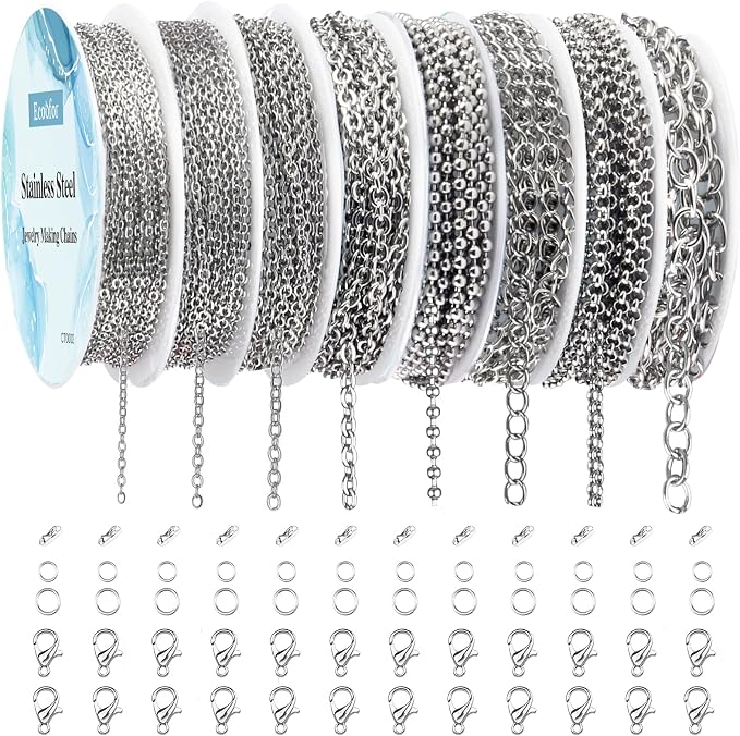 Ecoofor Necklace Chains for Jewelry Making, 62.3 Feet 8 Rolls 304 Stainless by Ecoofor