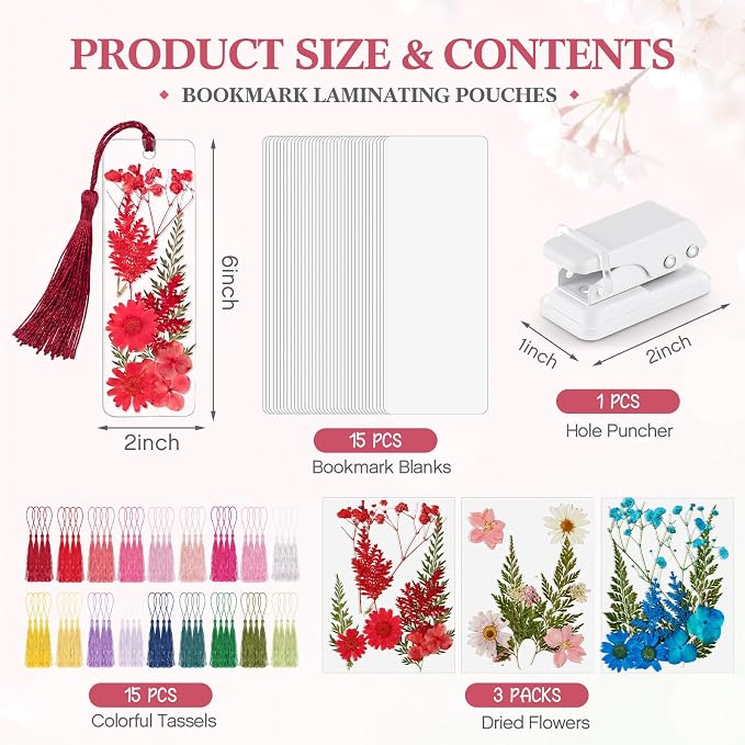 Fuyoooo 61 Pcs Pressed Flowers Bookmark Making Kit, DIY Bookmark Laminating - Image 2