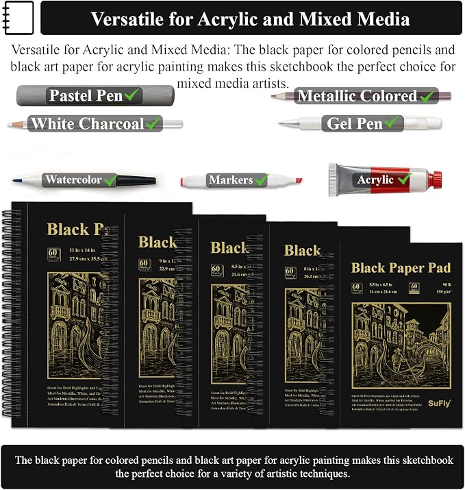 SuFly Black Paper Notebook, 60 Sheets Spiral Bound Sketch Book 9x12, - Image 5