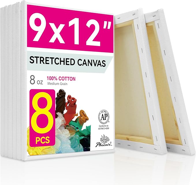 PHOENIX Stretched Canvas for Painting 9x12 Inch/8 Value Pack, 8 Oz Triple by PHOENIX