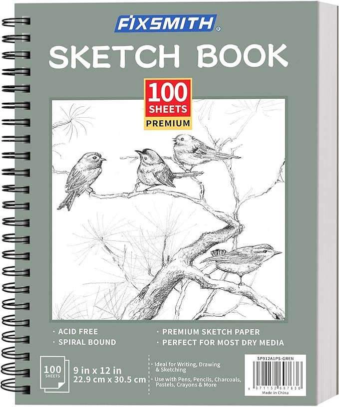 FIXSMITH 9"X12" Green Sketch Book, 100 Sheets Spiral Sketchbook, Acid Free by FIXSMITH
