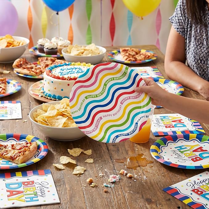 Colorful Happy Birthday Party Supplies, Vibrant Stripe Disposable Tableware - Image 5