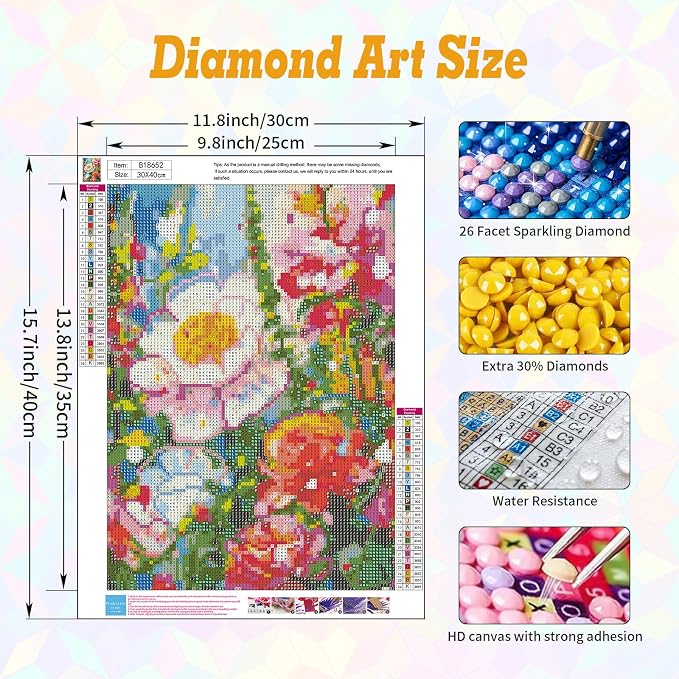 Flowers Diamond Art Kits for Adults Beginners 12x16 in, DIY Craft Gift | - Image 3