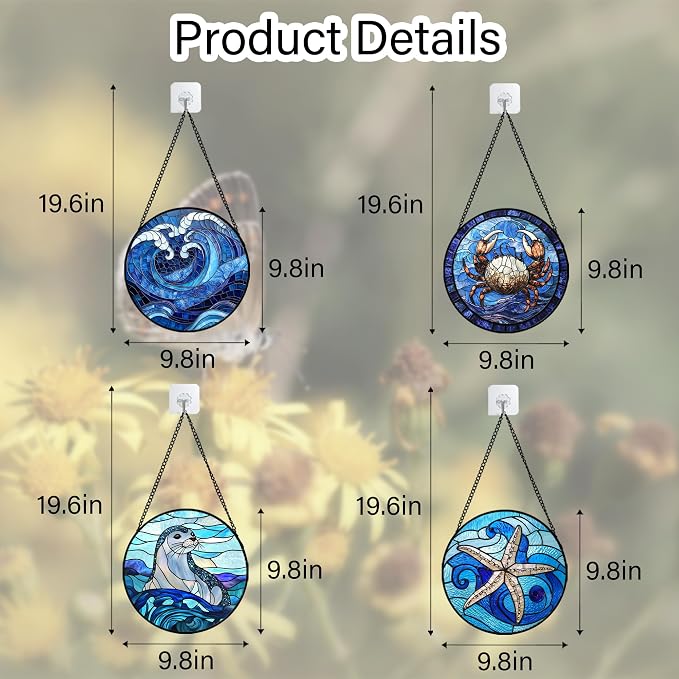 DASTOLL Stained Glass Window Hanging 4 Pcs Set Blue Ocean Waves 9.8" - Image 6