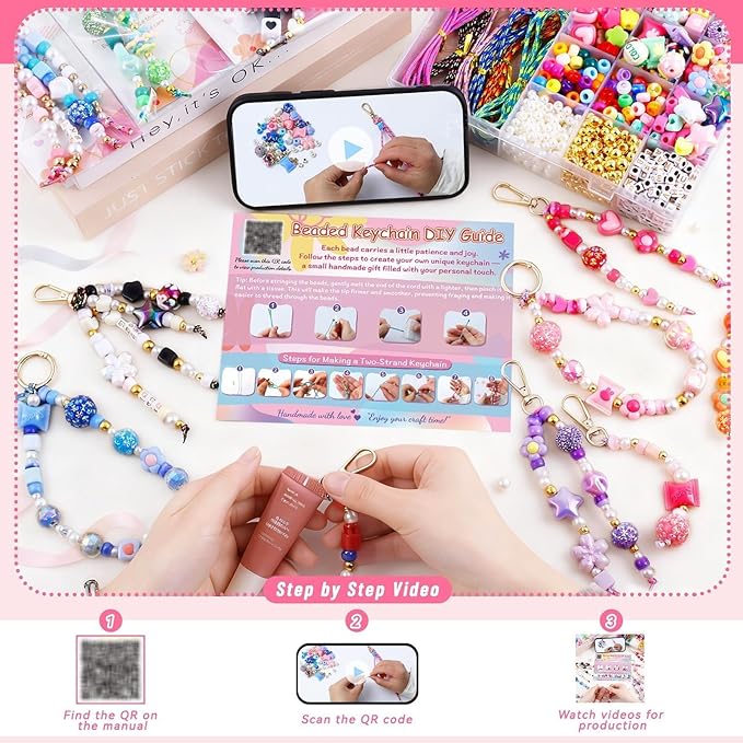 Wurosi 865 Pcs Bead Keychain Kit, DIY Bead Keychain Making Kit, Bag Charm Kit - Image 4