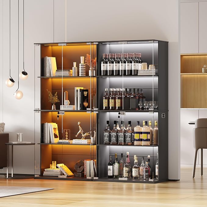 Lvifur Display Cabinet with Glass Doors, 4-Tier Bookcase with 3 Color Lights - Image 9