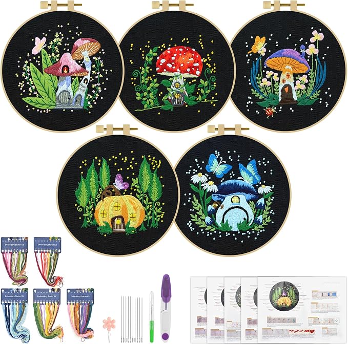ERKOON 5 Sets Embroidery Kit for Beginners, Art Craft Handy Sewing Set Mushroom by ERKOON