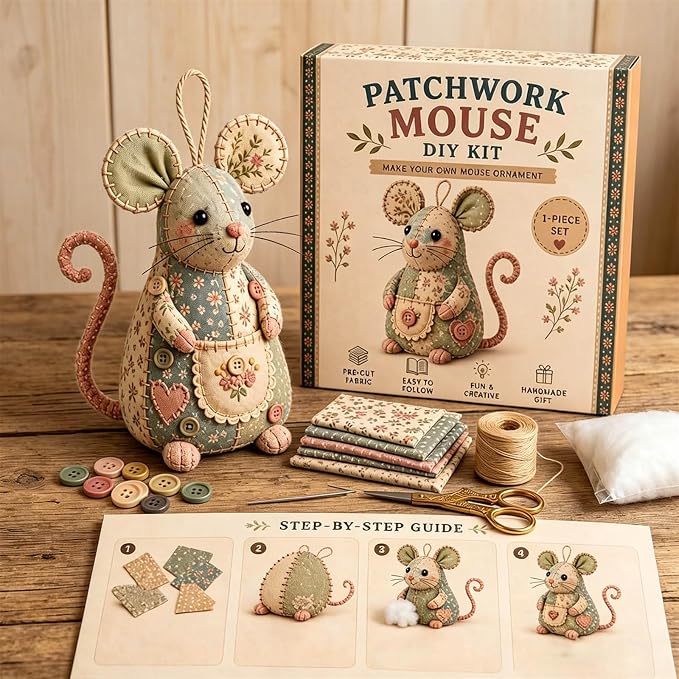 Patchwork Mouse DIY Kit, Handmade Sewing Craft Kit - Image 3