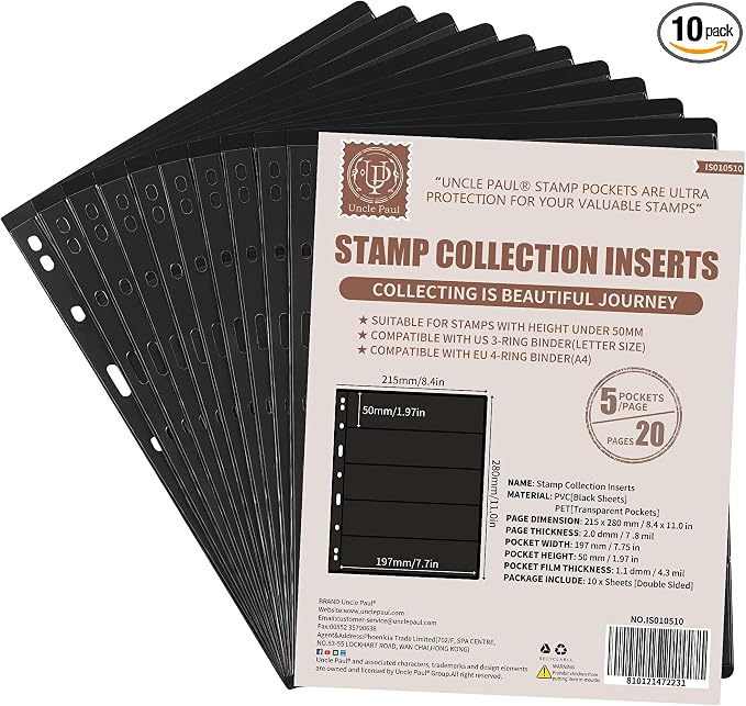 10 Sheets 20 Pages Postage Stamp Album Pages, 5 Pockets 7.7X 1.97in Stamp by UnclePaul