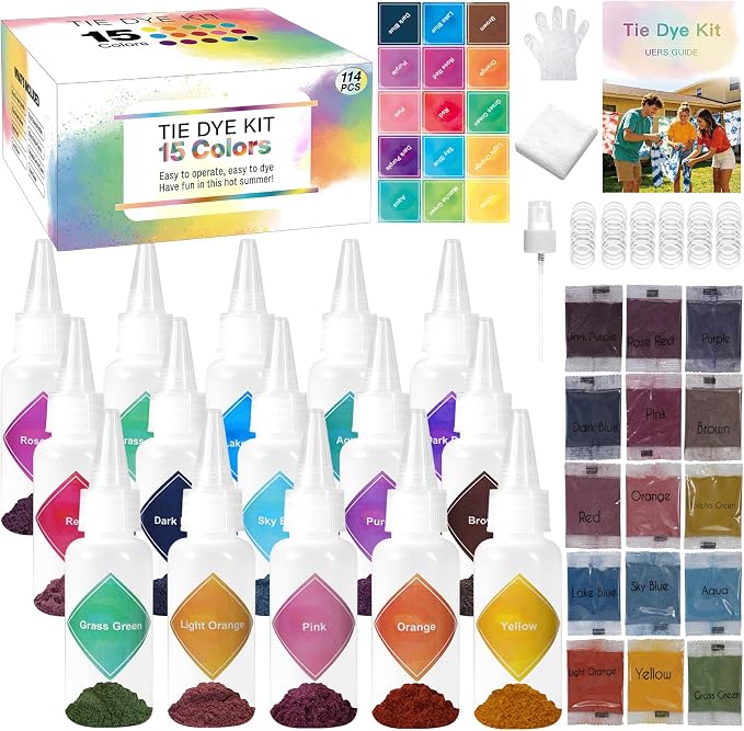 Tie Dye Kit, 15 Colors Tie Dye Set, One-Step Fabric Dye Supplies by KKERNOWO