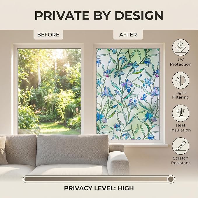 Coavas Window Privacy Film: Stained Glass Window Film Decorative 3D Violets - Image 3