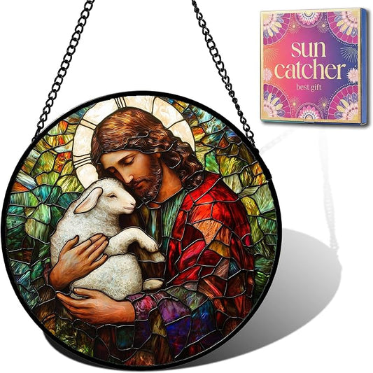Christian Jesus Acrylic Suncatcher Faux Stained Glass Window Hanging 9.8" | by Unknown