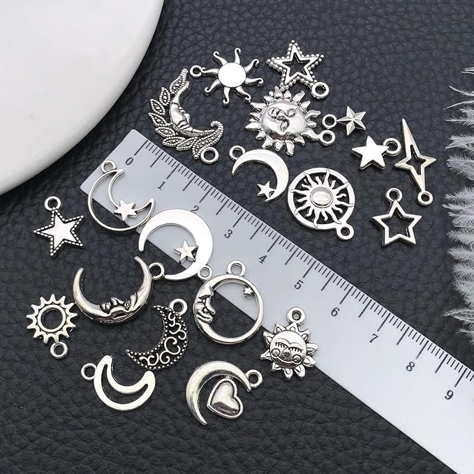 WOCRAFT 60pcs Antique Silver Sun Moon Star Bracelet Charms - Image 3