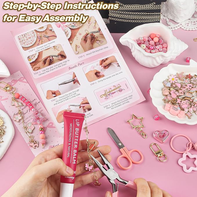 Ecoofor 707 Pcs Lip Gloss Beaded Keychain Making Kits, 78.8 Inch Chains - Image 6