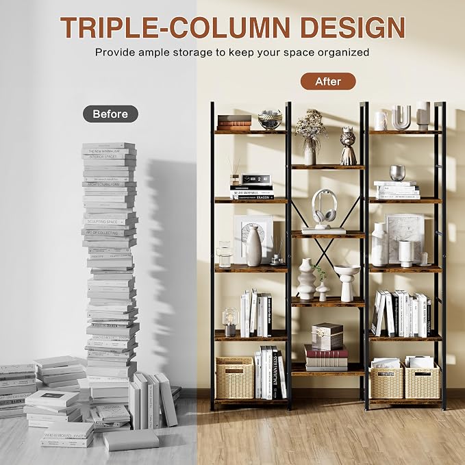 Shintenchi Triple Column 5 Tier Bookshelf, Industrial Large Bookcase Display - Image 4
