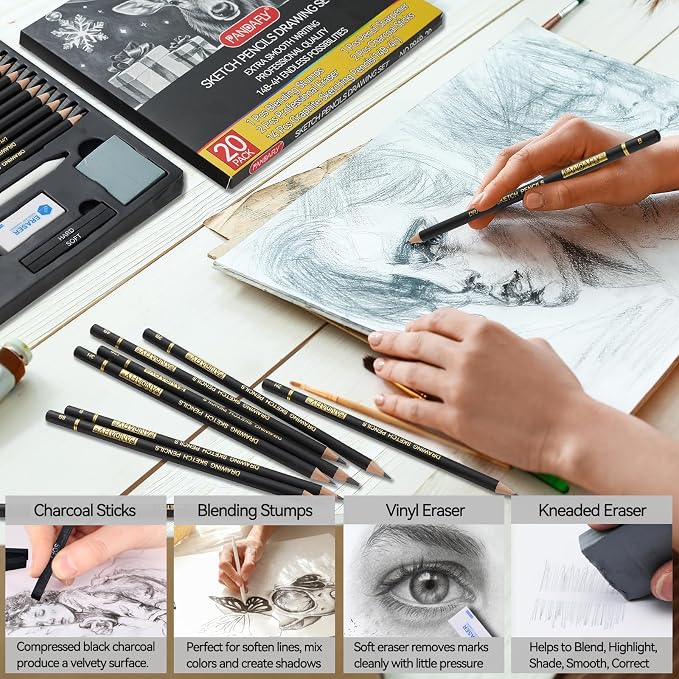 PANDAFLY Drawing Sketching Pencil Set, 20 Piece, 4H-14B Graphite Pencils | Pro - Image 4