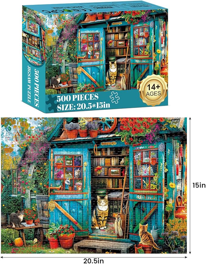 500 Piece Puzzle for Adults Jigsaw Puzzles Cat Puzzles, Book House Puzzles for - Image 2