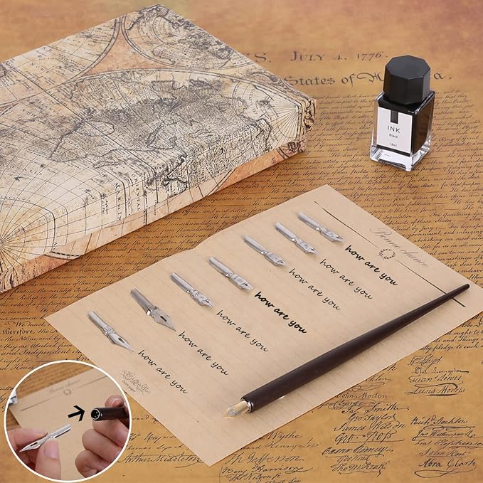 Vintage Quill Pen Ink Set, Feather Quill Pens - Image 3
