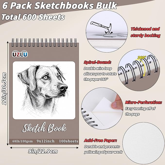 6 Pcs Sketchbook Bulk 9 x 12 In 600 Sheets Top Spiral Bound Sketch Pad Drawing - Image 2