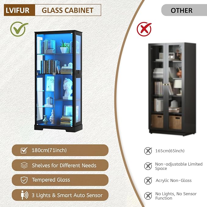 71” Display Cabinet with Glass Doors, LED Curio Cabinet with 3 Lights - Image 6