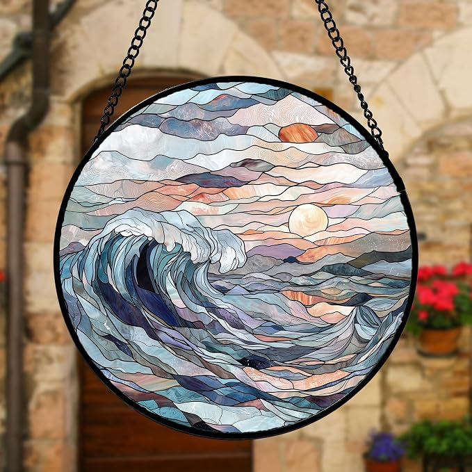 DASTOLL Stained Glass Window Hanging, Sunrise Waves Sun Catchers Diamond Glass - Image 4