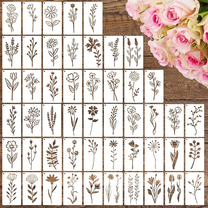 50 PCS Flower Stencils for Crafts Reusable Flower Stencils for Painting on Wood by CHHAICHENG