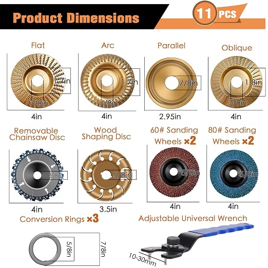 11PCS Wood Carving Disc Set for 4" or 4 1/2" Angle Grinder, Stump Tool Grinding - Image 2