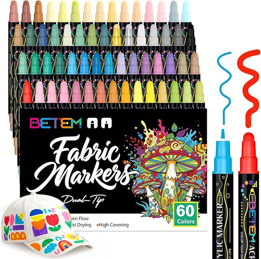 Betem 60 Colors Dual Tip Acrylic Paint Markers, Fabric Decorating Kits Premium by BetemArtWorld