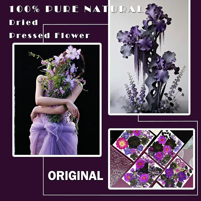 MIKIYA 92Pcs Purple Black Pressed Dried Flowers - Image 2