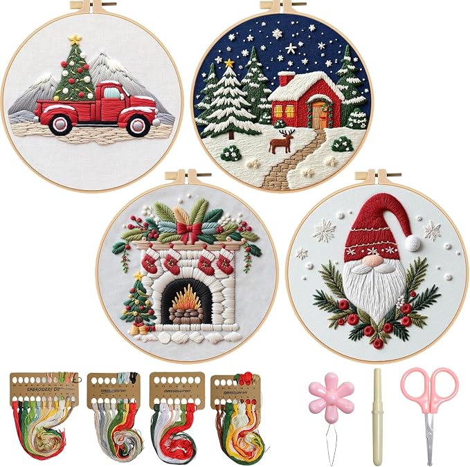 BBLYBD Christmas Embroidery Kit, 4 Set Embroidery DIY Starter Kit, Cross Stitch by BBLYBD