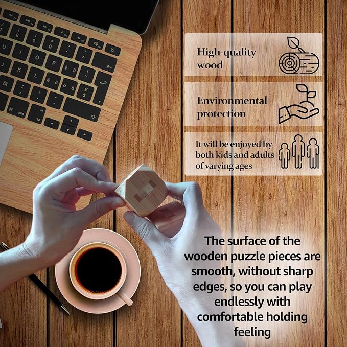 VolksRose 9pcs Wooden Brain Teaser Puzzles, IQ Challenge Puzzle Games, Logic - Image 7