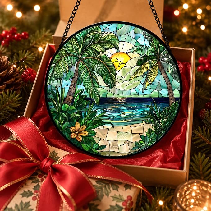Sunset Beach Acrylic Suncatcher Faux Stained Glass Window Hanging 9.8" | - Image 5