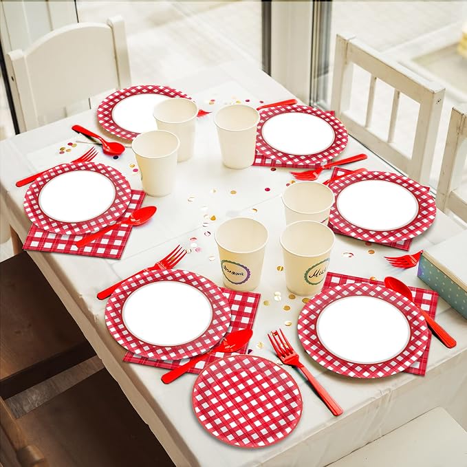 Tevxj 96 PCS Picnic Party Plates Red and White Gingham Checkered Plaid Party - Image 5
