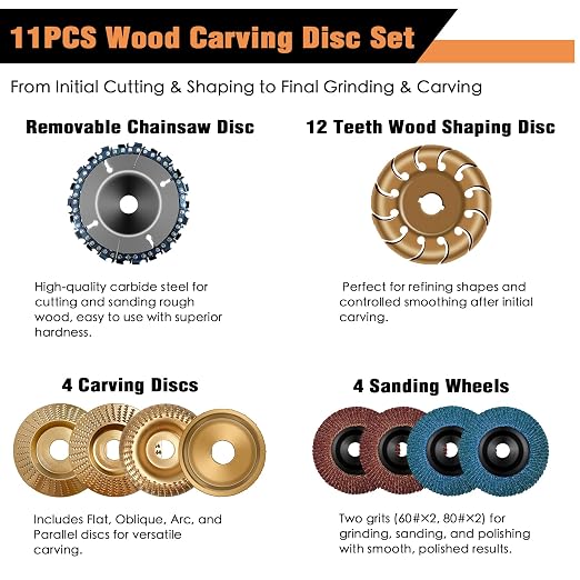 11PCS Wood Carving Disc Set for 4" or 4 1/2" Angle Grinder, Stump Tool Grinding - Image 4