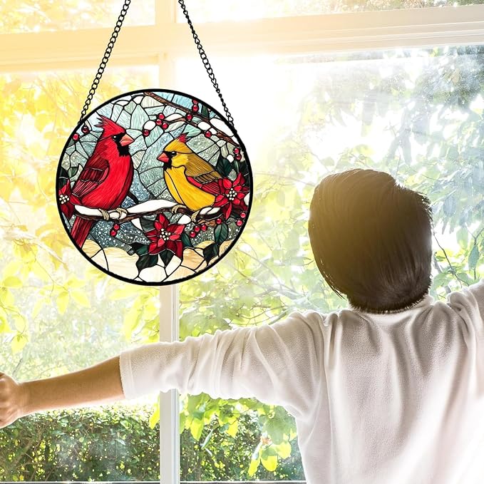 DASTOLL Stained Glass Window Hanging, Love Birds Cardinals Sun Catchers - Image 2