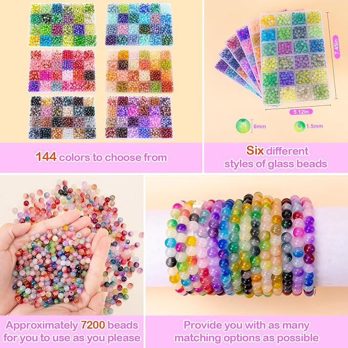 XSEINO About 7200+ pcs 6mm Glass Beads Bracelet Making Kit, 144 Assorted - Image 4